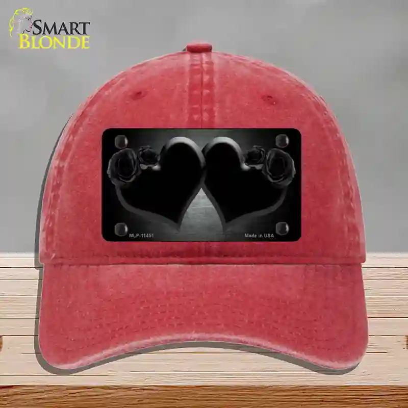HAT13-MLP-11451 Hearts Over Roses in Black Novelty License Plate Hat, Unconstructed Cotton - Red