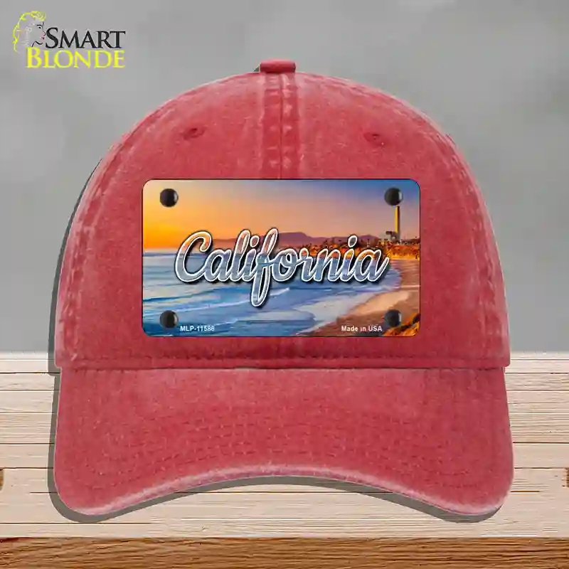 HAT13-MLP-11588 California Beach State Novelty License Plate Hat, Unconstructed Cotton - Red