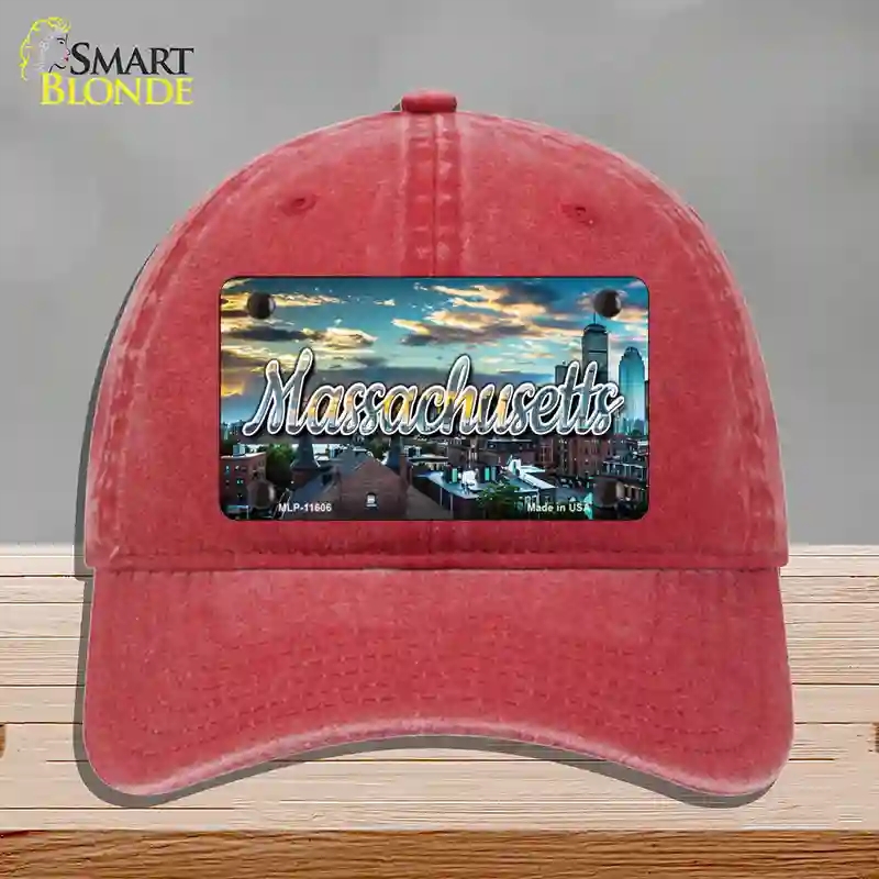 HAT13-MLP-11606 Massachusetts Sunset Skyline State Novelty License Plate Hat, Unconstructed Cotton - Red