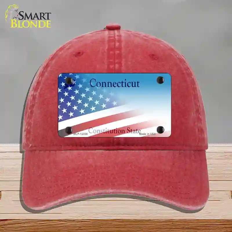 HAT13-MLP-12336 Connecticut with American Flag Novelty License Plate Hat, Unconstructed Cotton - Red