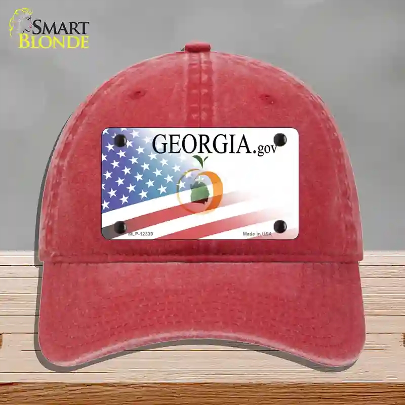 HAT13-MLP-12339 Georgia with American Flag Novelty License Plate Hat, Unconstructed Cotton - Red