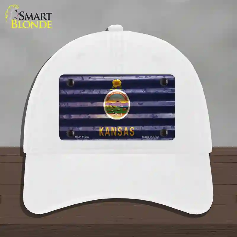 HAT14-MLP-11957 Kansas Corrugated Flag Novelty License Plate Hat, Unconstructed Cotton - White