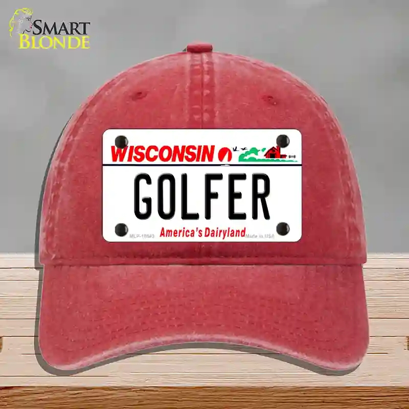 HAT13-MLP-10643 Golfer Wisconsin Novelty License Plate Hat, Unconstructed Cotton - Red