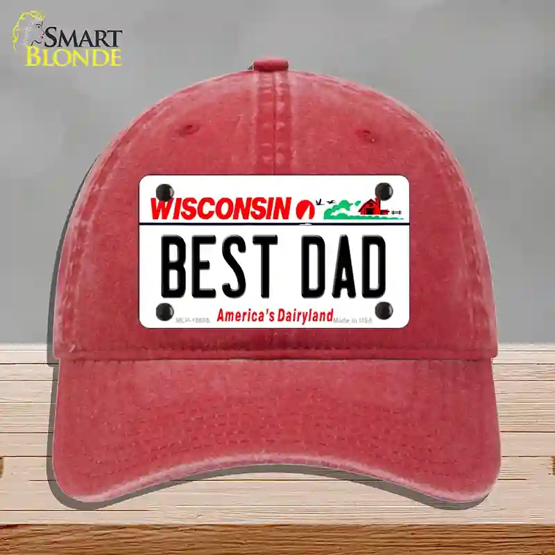 HAT13-MLP-10655 Best Dad Wisconsin Novelty License Plate Hat, Unconstructed Cotton - Red