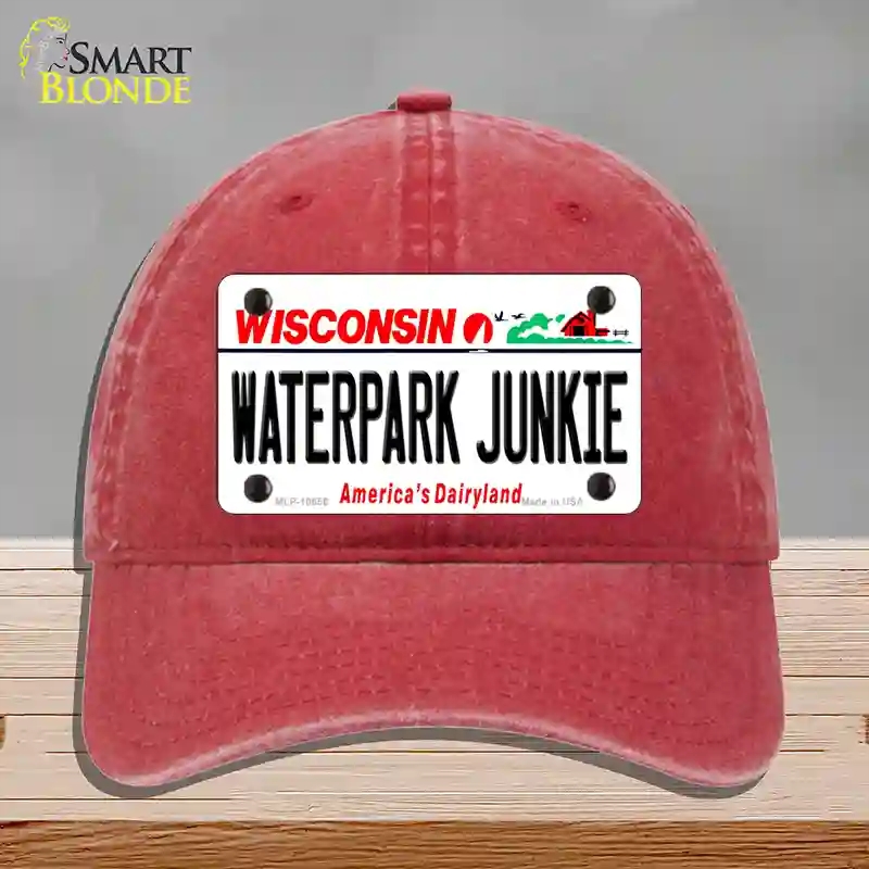 HAT13-MLP-10656 Waterpark Junkie Wisconsin Novelty License Plate Hat, Unconstructed Cotton - Red