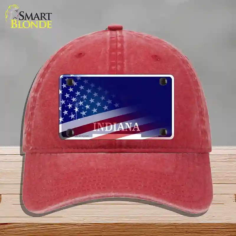 HAT13-MLP-12343 Indiana with American Flag Novelty License Plate Hat, Unconstructed Cotton - Red