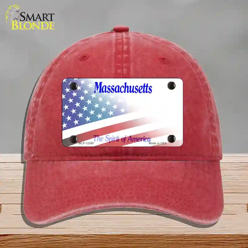 HAT13-MLP-12350 Massachusetts with American Flag Novelty License Plate Hat, Unconstructed Cotton - Red