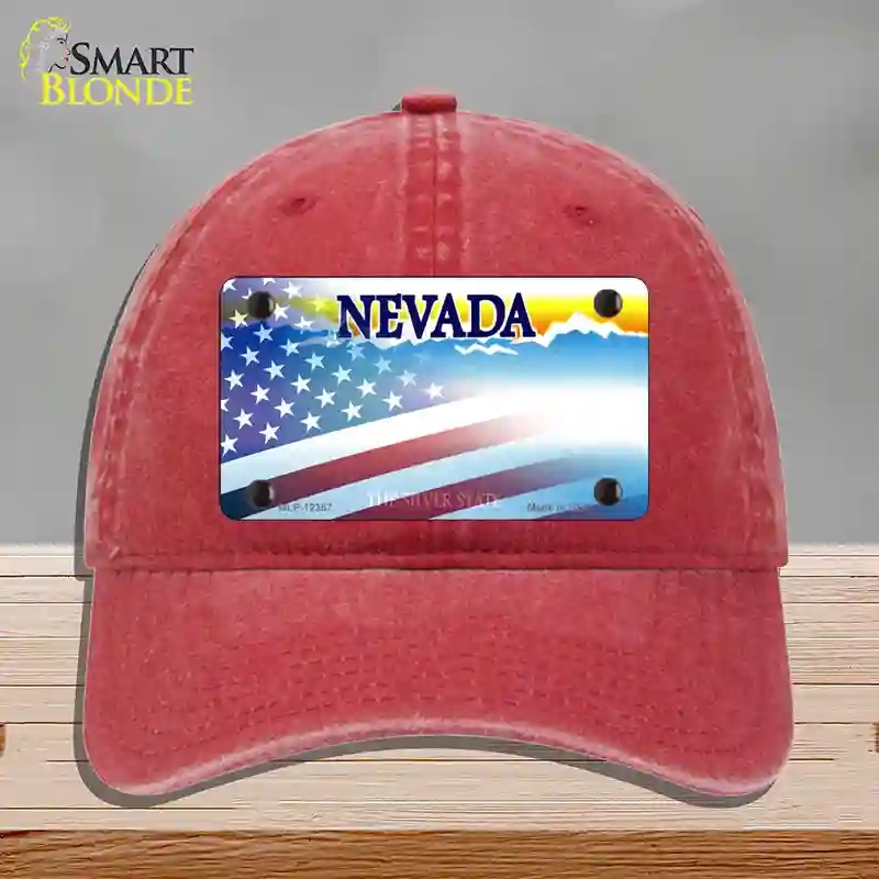 HAT13-MLP-12357 Nevada with American Flag Novelty License Plate Hat, Unconstructed Cotton - Red