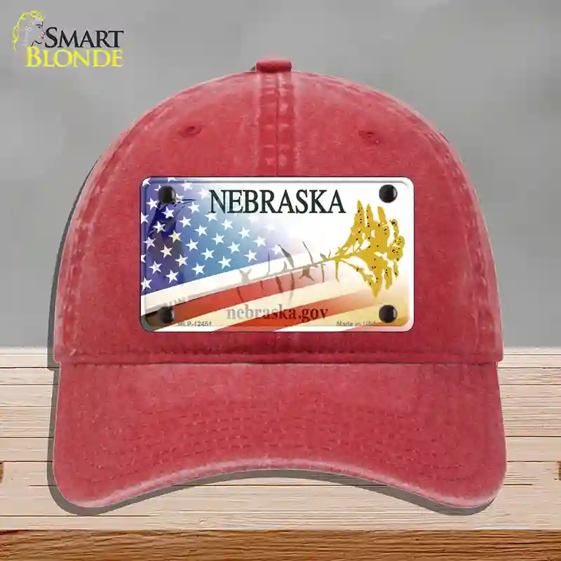 HAT13-MLP-12451 Nebraska American Flag Novelty License Plate Hat, Unconstructed Cotton - Red