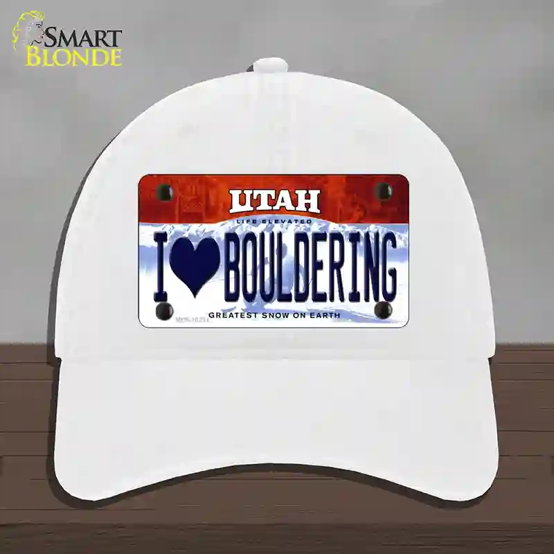 HAT14-MLP-10231 I Love Bouldering Utah Novelty License Plate Hat, Unconstructed Cotton - White