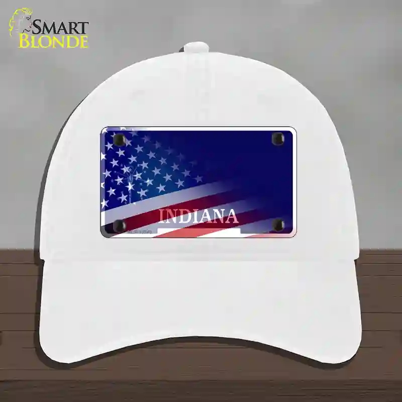 HAT14-MLP-12343 Indiana with American Flag Novelty License Plate Hat, Unconstructed Cotton - White