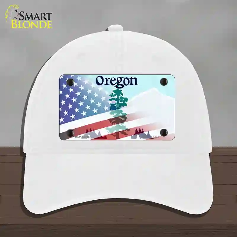 HAT14-MLP-12366 Oregon with American Flag Novelty License Plate Hat, Unconstructed Cotton - White