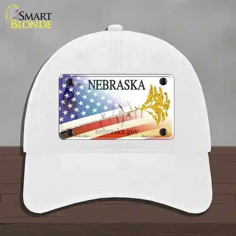 HAT14-MLP-12451 Nebraska American Flag Novelty License Plate Hat, Unconstructed Cotton - White