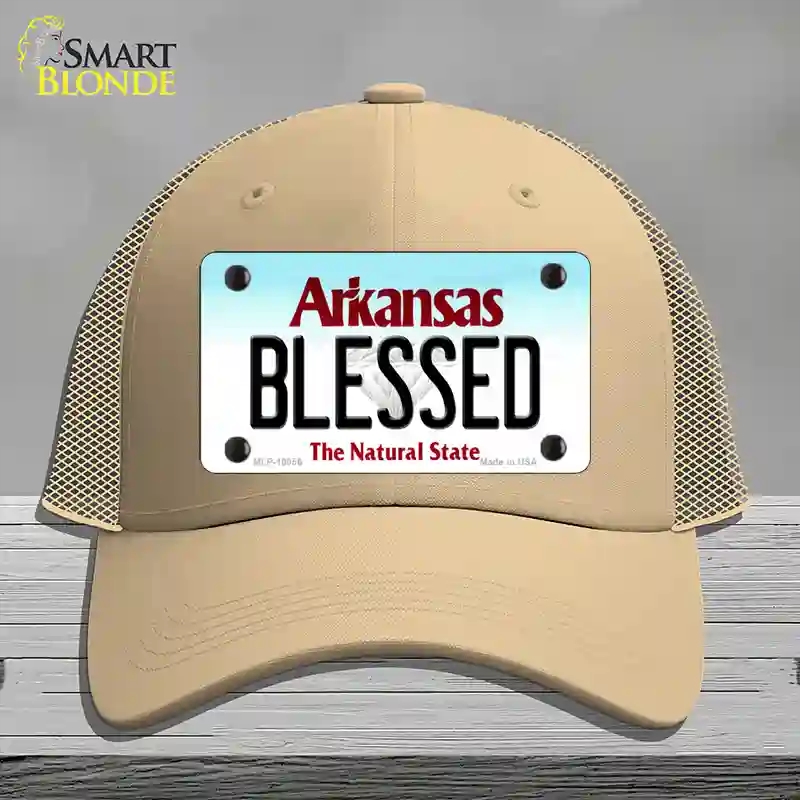HAT15-MLP-10056 Blessed Arkansas Novelty License Plate Hat, Mesh - Khaki