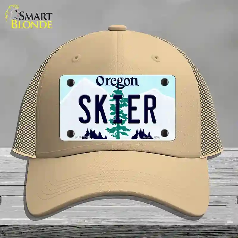 HAT15-MLP-10364 Skier Oregon Novelty License Plate Hat, Mesh - Khaki