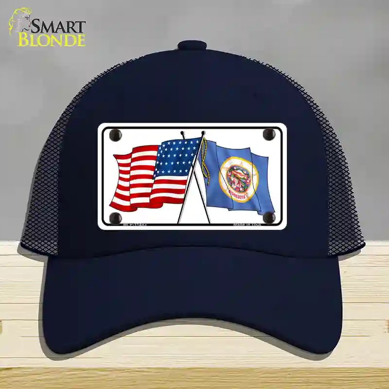 HAT16-MLP-11483 Minnesota Crossed US Flag Novelty License Plate Hat, Mesh - Navy