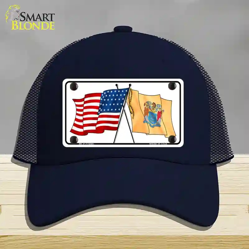 HAT16-MLP-11490   Jersey Crossed US Flag Novelty License Plate Hat, Mesh - Navy