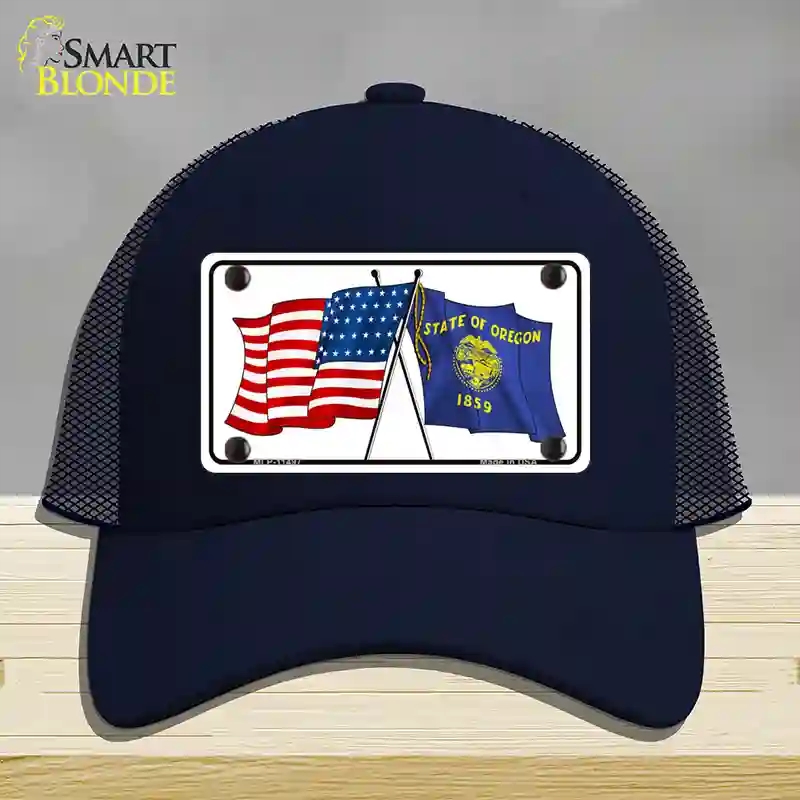 HAT16-MLP-11497 Oregon Crossed US Flag Novelty License Plate Hat, Mesh - Navy