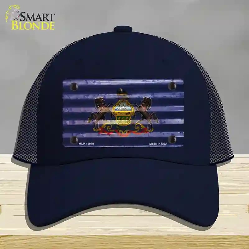 HAT16-MLP-11979 Pennsylvania Corrugated Flag Novelty License Plate Hat, Mesh - Navy