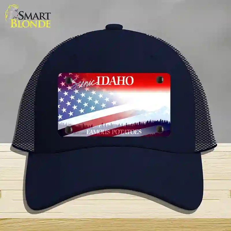 HAT16-MLP-12341 Idaho with American Flag Novelty License Plate Hat, Mesh - Navy