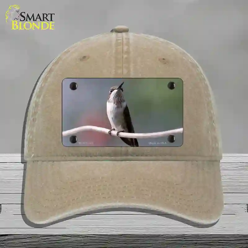 HAT09-MLP-11246 Hummingbird Perched on Branch Novelty License Plate Hat, Unconstructed Cotton - Khaki