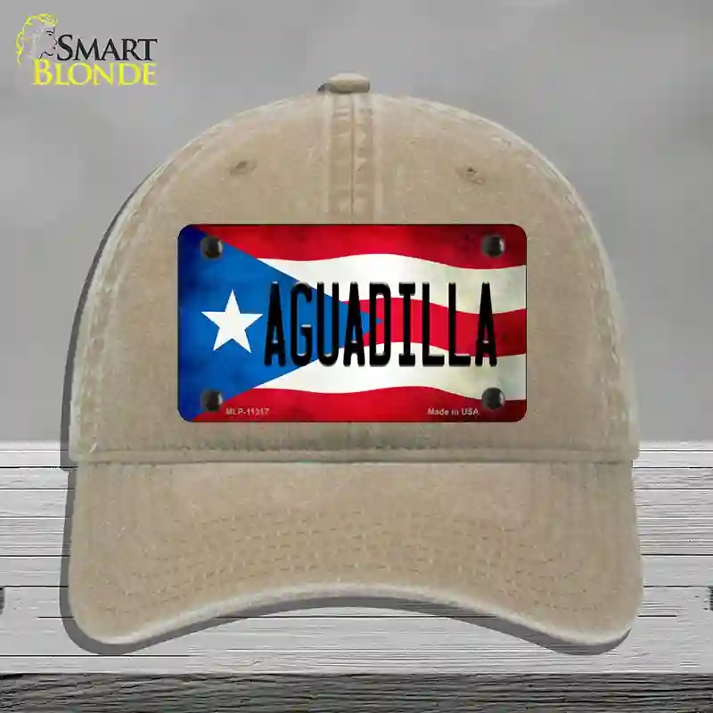HAT09-MLP-11317 Aguadilla Puerto Rico Flag Novelty License Plate Hat, Unconstructed Cotton - Khaki
