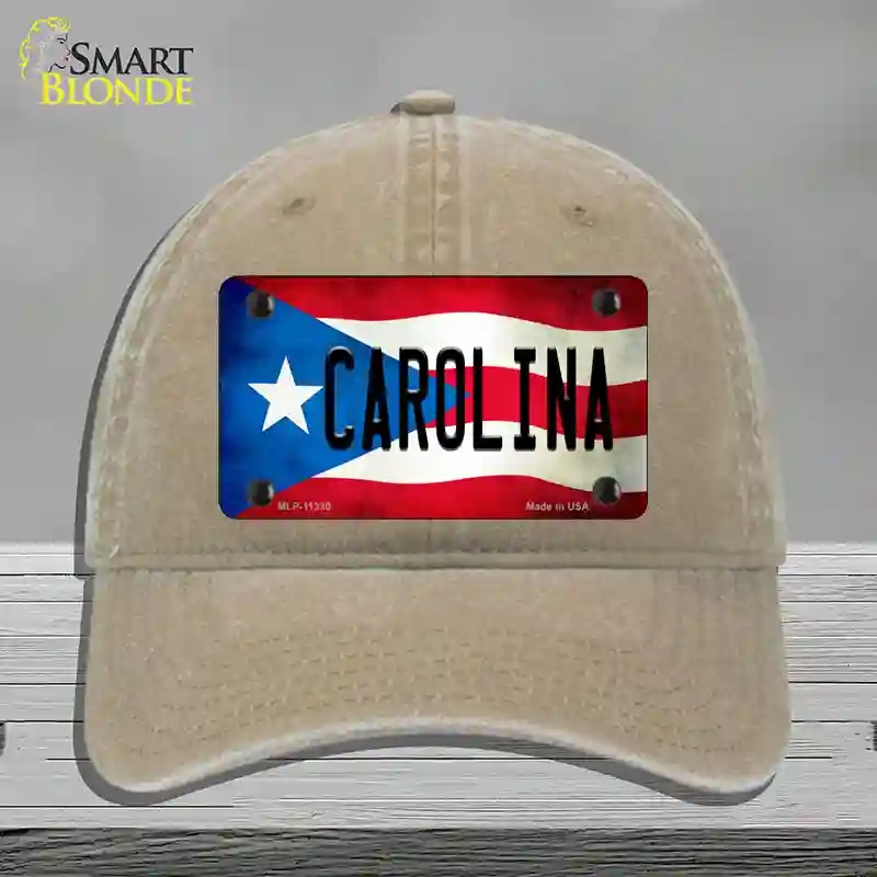 HAT09-MLP-11330 Carolina Puerto Rico Flag Novelty License Plate Hat, Unconstructed Cotton - Khaki
