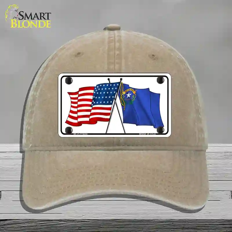 HAT09-MLP-11488 Nevada Crossed US Flag Novelty License Plate Hat, Unconstructed Cotton - Khaki