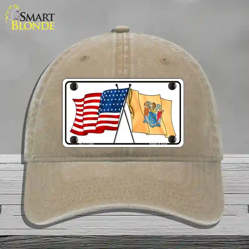 HAT09-MLP-11490   Jersey Crossed US Flag Novelty License Plate Hat, Unconstructed Cotton - Khaki