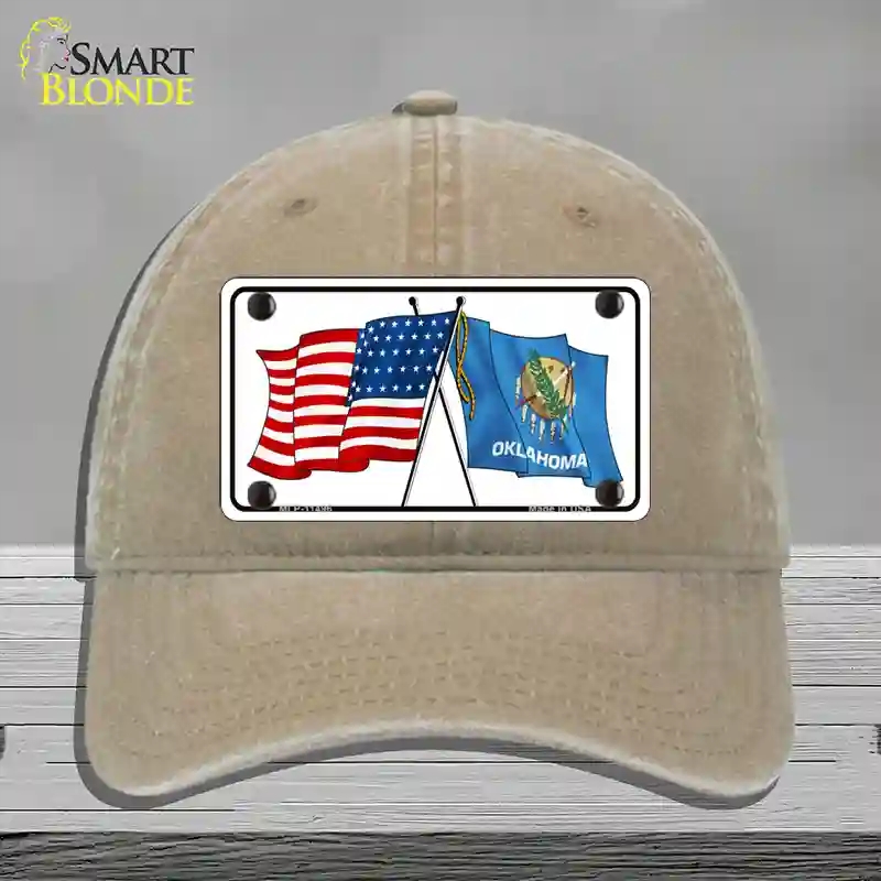 HAT09-MLP-11496 Oklahoma Crossed US Flag Novelty License Plate Hat, Unconstructed Cotton - Khaki