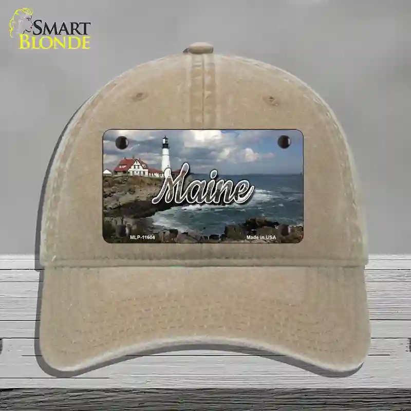 HAT09-MLP-11604 Maine Lighthouse Beach State Novelty License Plate Hat, Unconstructed Cotton - Khaki