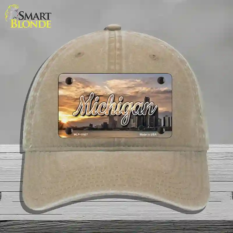 HAT09-MLP-11607 Michigan City Sunset State Novelty License Plate Hat, Unconstructed Cotton - Khaki