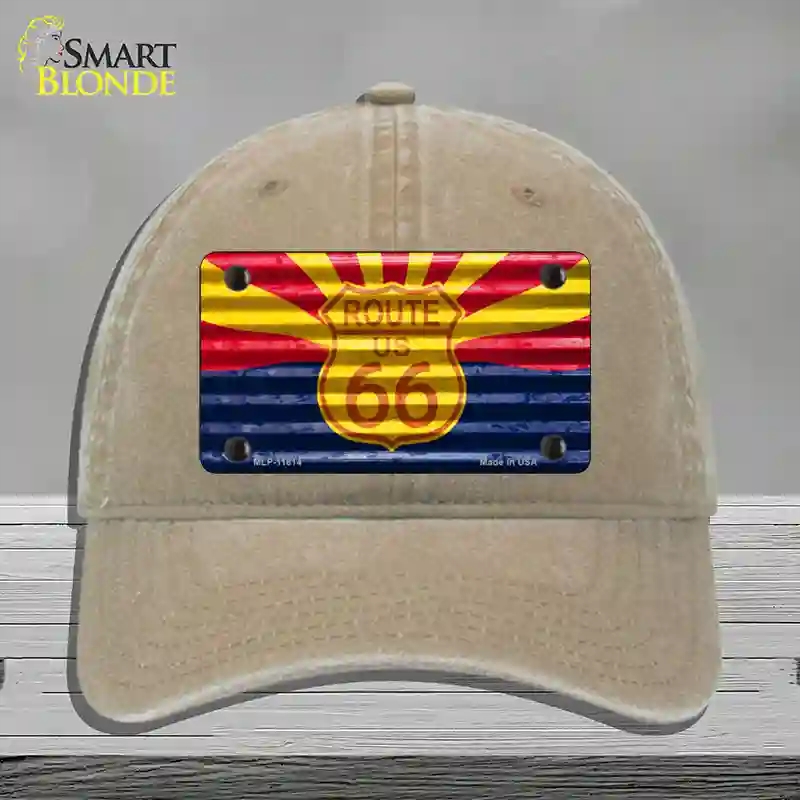 HAT09-MLP-11814 Route 66 Arizona Flag Novelty License Plate Hat, Unconstructed Cotton - Khaki