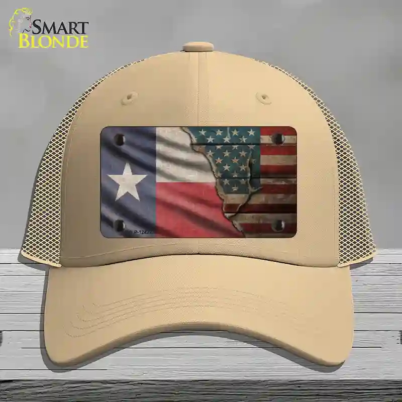 HAT15-MLP-12422 Texas & American Flag Novelty License Plate Hat, Mesh - Khaki