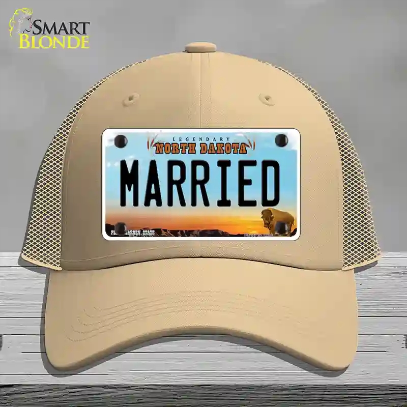 HAT15-MLP-10740 Married North Dakota Novelty License Plate Hat, Mesh - Khaki