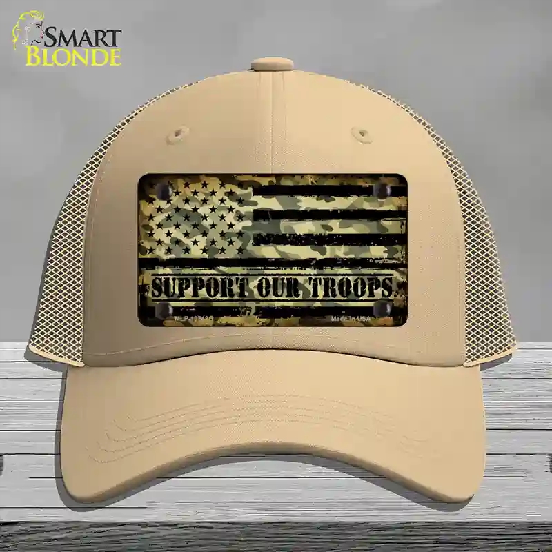 HAT15-MLP-10743 Camo American Flag Support Troops Novelty License Plate Hat, Mesh - Khaki