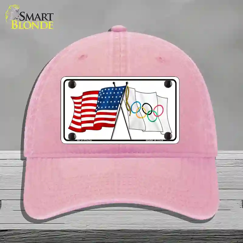 HAT12-MLP-11519 Olympic Crossed US Flag Novelty License Plate Hat, Unconstructed Cotton - Pink