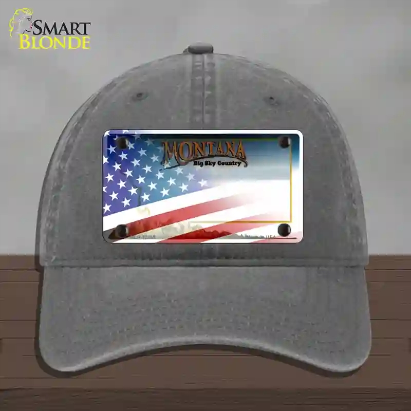 HAT08-MLP-12355 Montana with American Flag Novelty License Plate Hat, Unconstructed Cotton - Charcoal