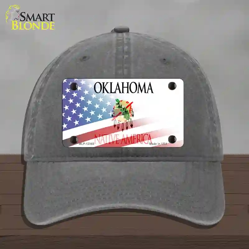 HAT08-MLP-12365 Oklahoma with American Flag Novelty License Plate Hat, Unconstructed Cotton - Charcoal