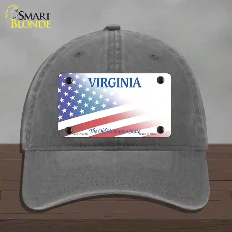 HAT08-MLP-12375 Virginia with American Flag Novelty License Plate Hat, Unconstructed Cotton - Charcoal