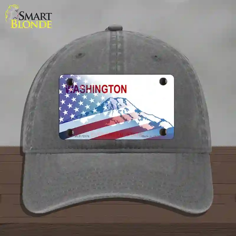 HAT08-MLP-12376 Washington with American Flag Novelty License Plate Hat, Unconstructed Cotton - Charcoal