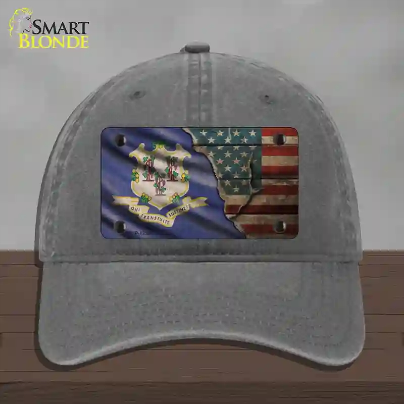 HAT08-MLP-12386 Connecticut & American Flag Novelty License Plate Hat, Unconstructed Cotton - Charcoal