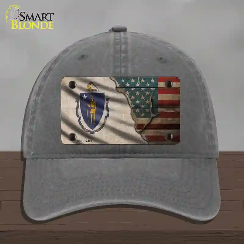 HAT08-MLP-12400 Massachusetts & American Flag Novelty License Plate Hat, Unconstructed Cotton - Charcoal