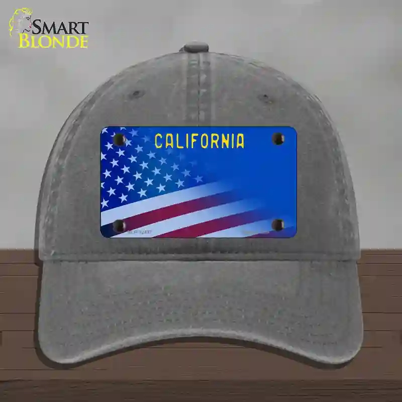 HAT08-MLP-12437 California with Blue Novelty License Plate Hat, Unconstructed Cotton - Charcoal