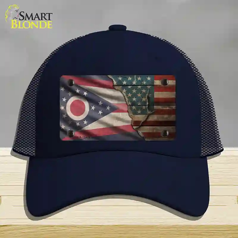 HAT16-MLP-12414 Ohio & American Flag Novelty License Plate Hat, Mesh - Navy
