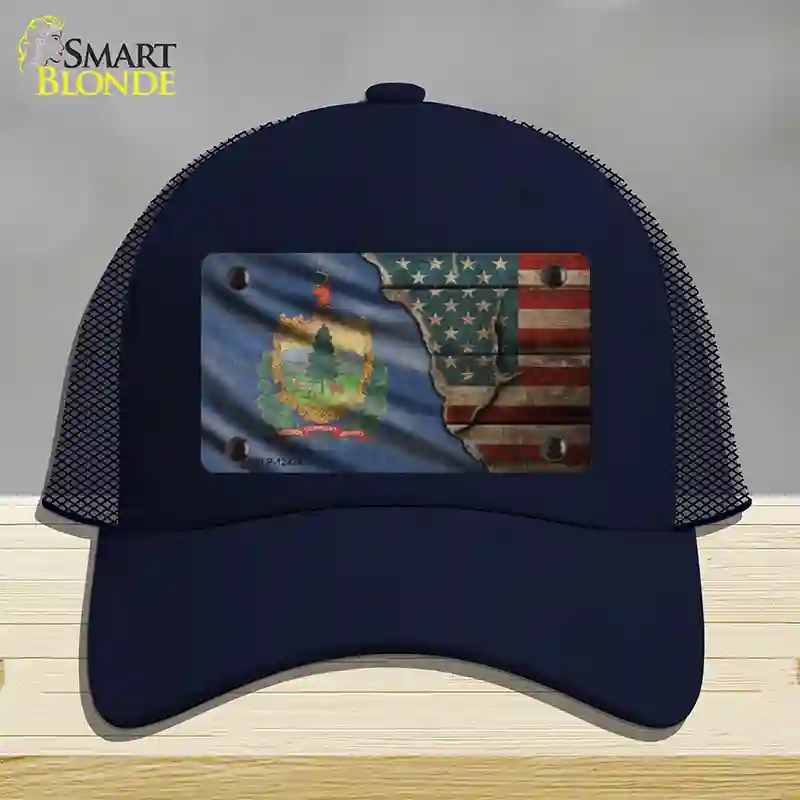 HAT16-MLP-12424 Vermont & American Flag Novelty License Plate Hat, Mesh - Navy