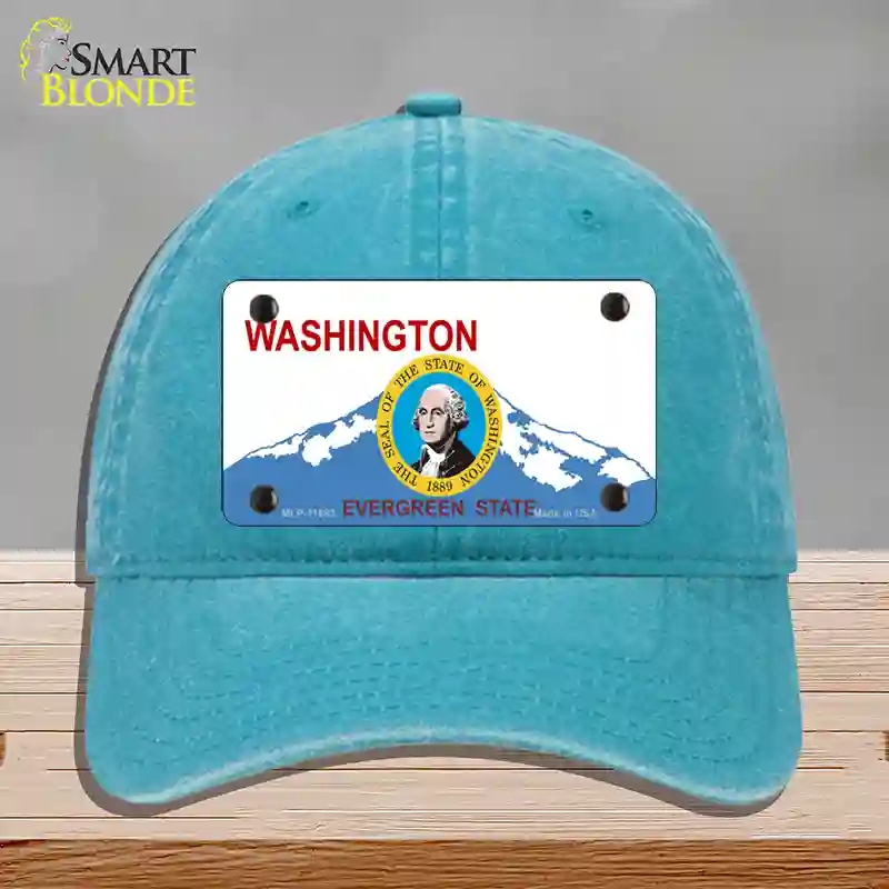 HAT10-MLP-11683 Washington Seal & State Novelty License Plate Hat, Unconstructed Cotton - Lake Blue