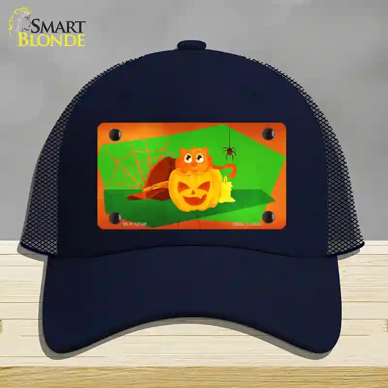 HAT16-MLP-12048 Pumpkin Kitty Novelty License Plate Hat, Mesh - Navy