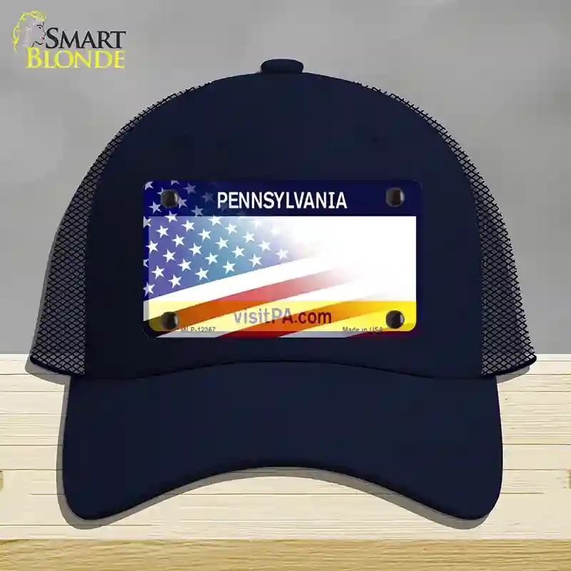 HAT16-MLP-12367 Pennsylvania with American Flag Novelty License Plate Hat, Mesh - Navy