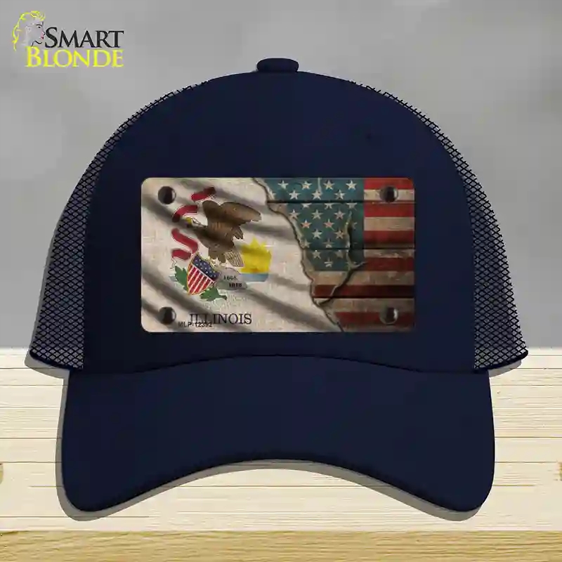 HAT16-MLP-12392 Illinois & American Flag Novelty License Plate Hat, Mesh - Navy